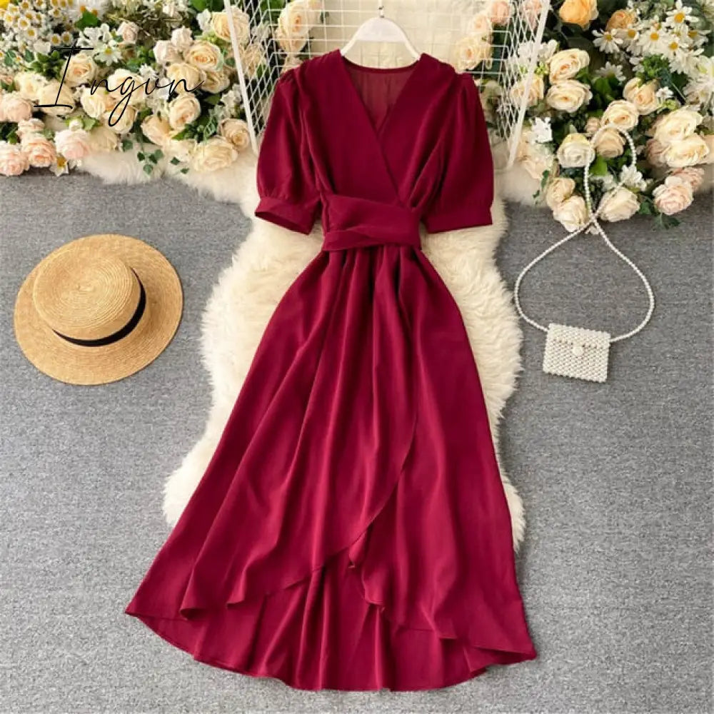 Ingvn - Women Summer Midi French Dress Sweet V-Neck Puff Sleeve High Waist Elegant Solid Woman Dresses Female Clothing New Year