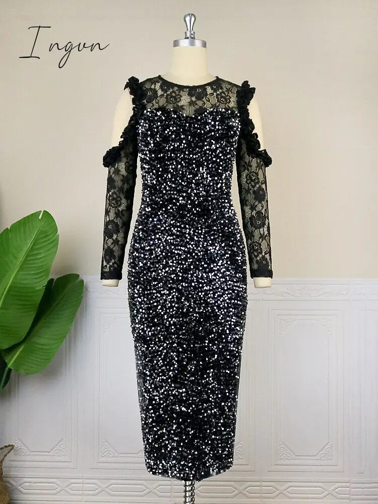 Ingvn - Vintage Black Sequin Dress Women Bare Shoulder Lace Long Sleeve Glitter Prom Dress Luxury Bling Bling Evening Party Gowns Winter