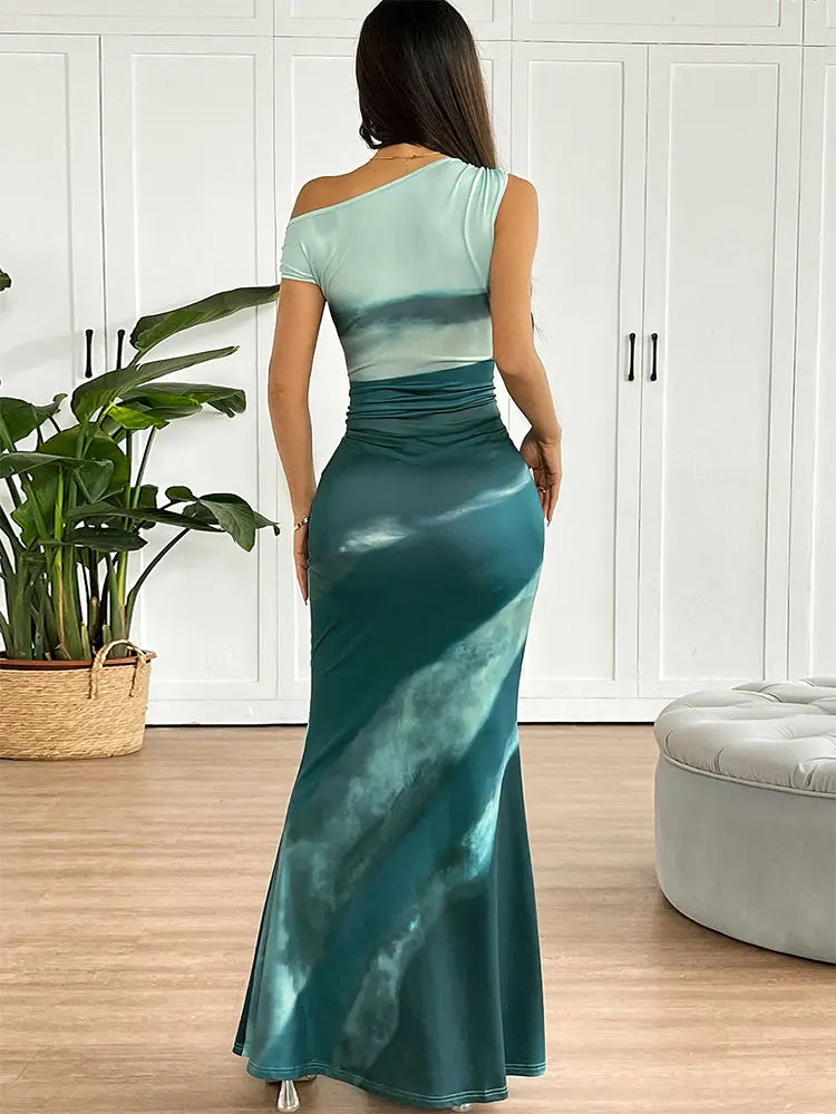 Summer Women's Dresses New Streetwear Fashion Tie Dye Split Maxi Dresses Elegant Female Sexy Casual Slim Knitted Dress Clothing