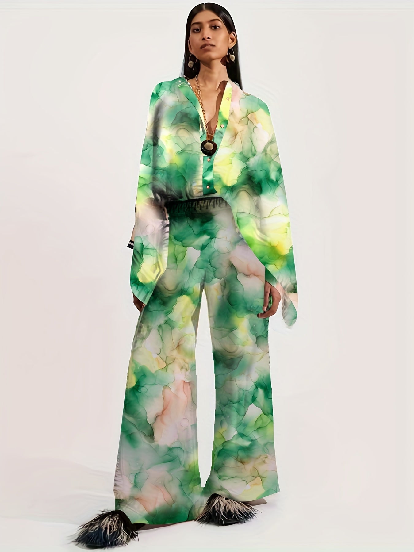 Two-piece Set, Long Sleeve Ethnic Print High Waist Wide Leg Pants Outfits, Button Front Blouse Women's Clothing