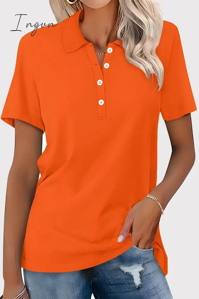 Ingvn - Casual Simplicity Solid Buckle Turndown Collar T-Shirts