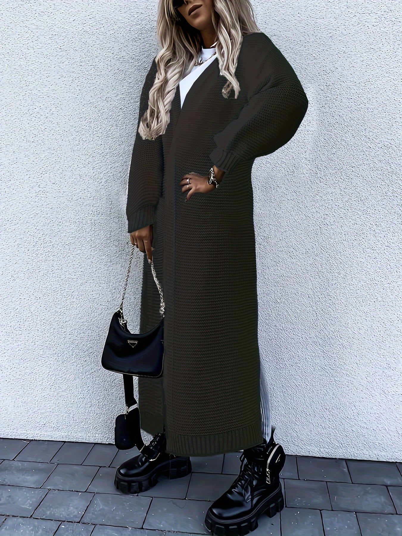 Women's Stylish All-Season Cardigan - Durable Knit with Chic Solid Color, Micro Elasticity, Open Front, and Side Splits