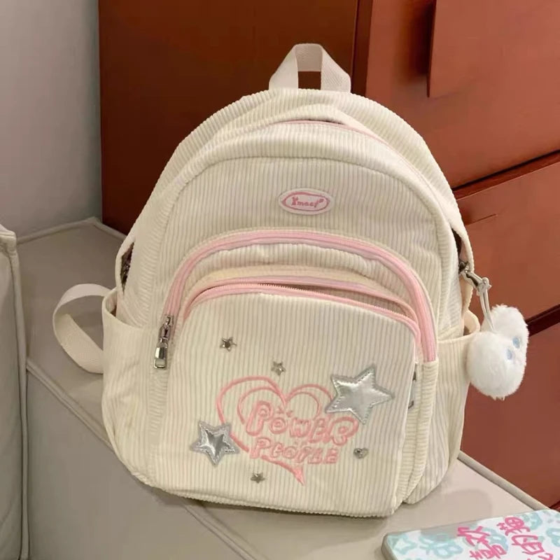 INGVN  Sweet Cute Backpack for Women Heart Star Letter White Corduroy Handbag New College Style Fresh Casual Fashion Shoulder Bag