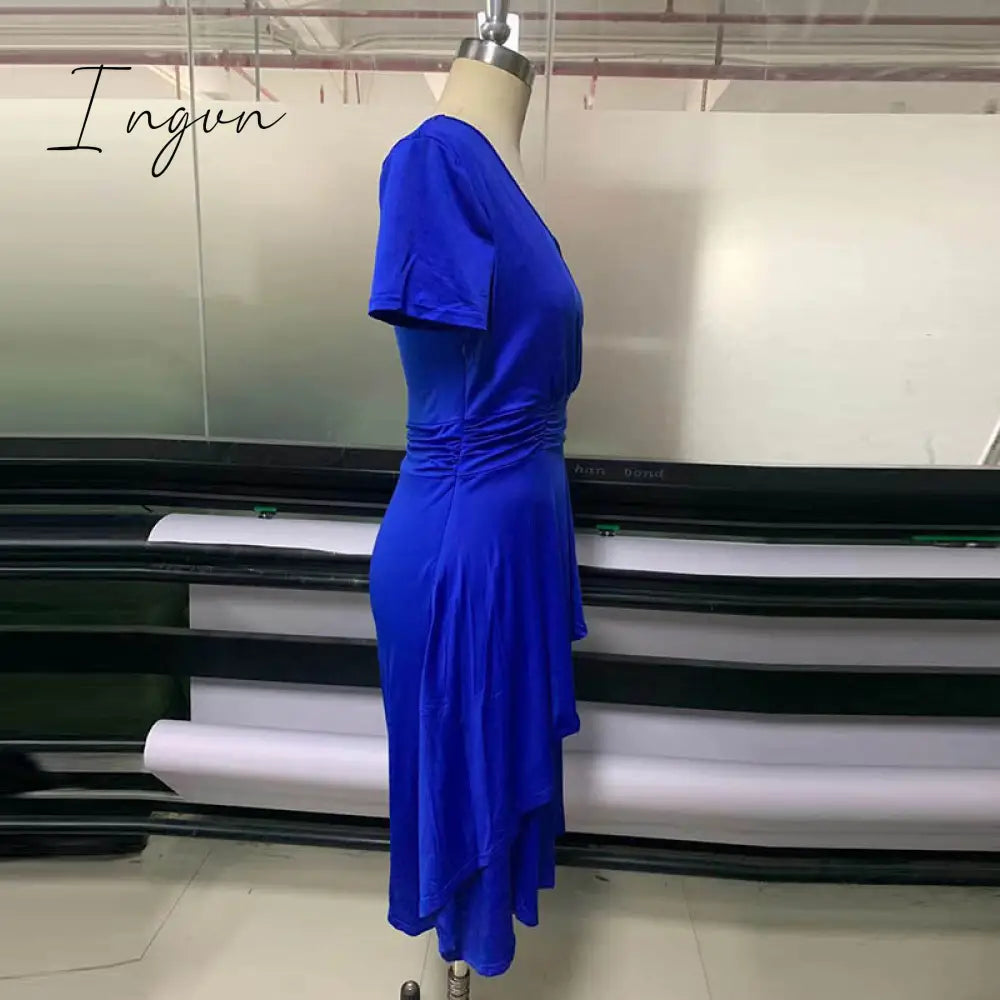 Ingvn - 2023 New Trends Retro Women High Waist Irregular Midi Dresses Summer Fashion V-neck Short Sleeve A-line Party Dress Elegant Office Lady Vestidos