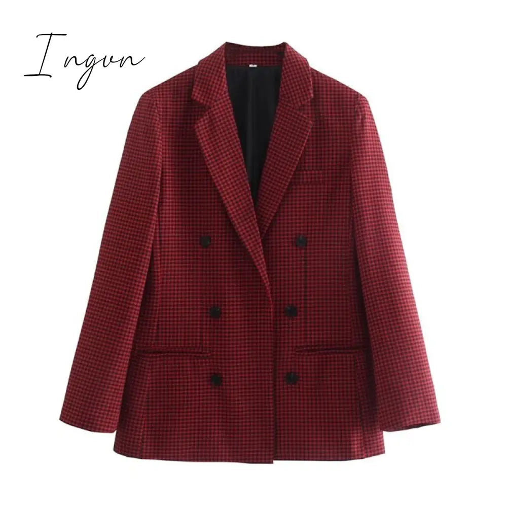 Ingvn - Fashion Autumn Women Plaid Blazers and Jackets Work Office Lady Suit Slim Double Breasted Business Female Blazer Coat Talever