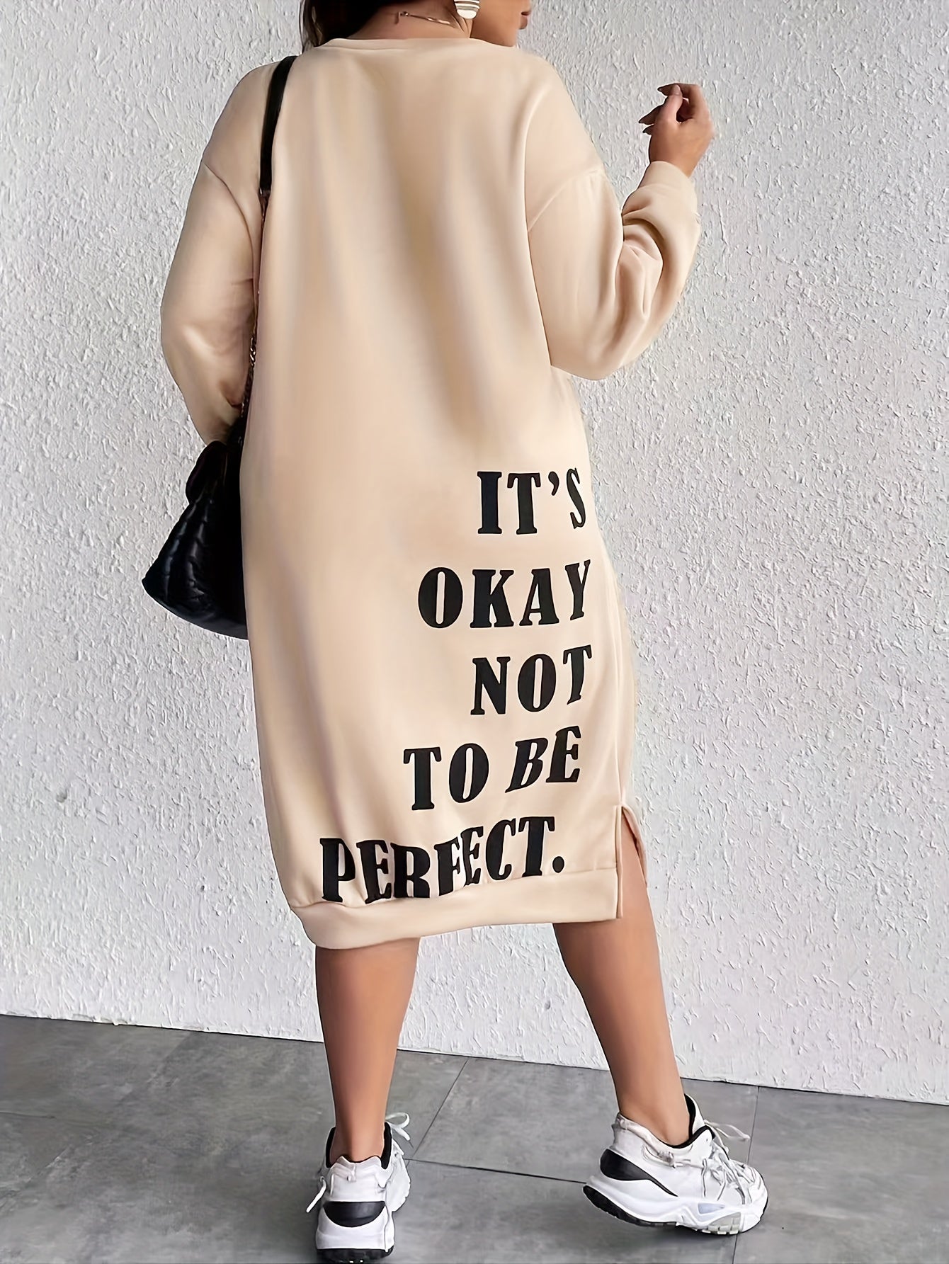 Midi Plus Size Casual Slogan Print Long Sleeve Round Neck Trapeze Sweatshirt Dress - Soft Medium Stretch Polyester Fabric, Loose Fit, Pullover Style, Machine Washable - Weekend Casual Wear for Fall Season
