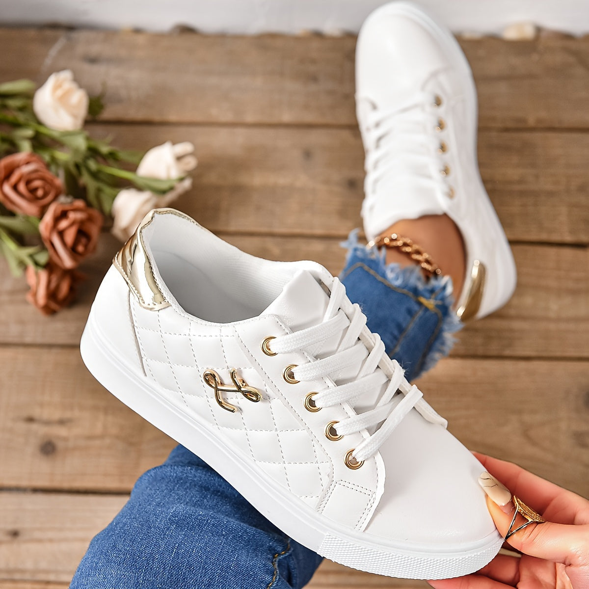Chic Quilted Sneakers for Women - Comfortable Low-Top Design with Lace-Up Closure, Metallic Accent and Soft Sole for Casual Wear