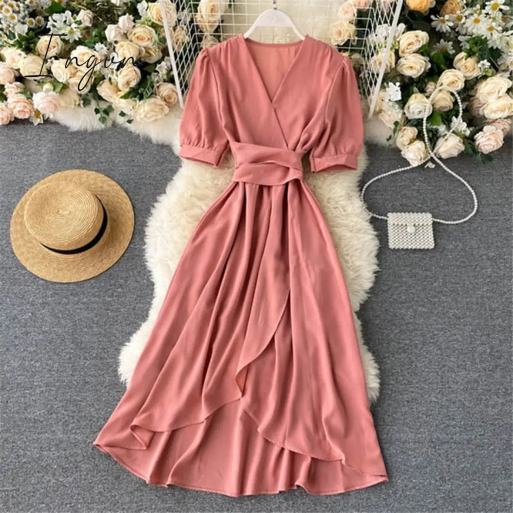 Ingvn - Women Summer Midi French Dress Sweet V-Neck Puff Sleeve High Waist Elegant Solid Woman Dresses Female Clothing New Year