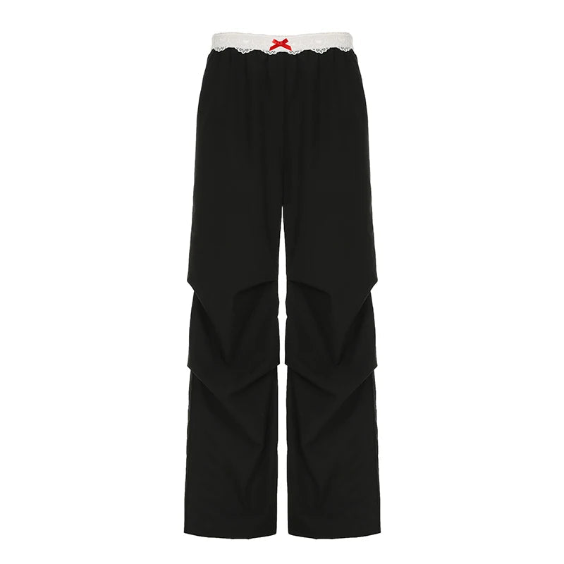 Contrast Lace Stitching Wide Leg Pants Streetwear y2k Low Rise Loose Black Trousers for Women Korean Fashion Baggy Capris