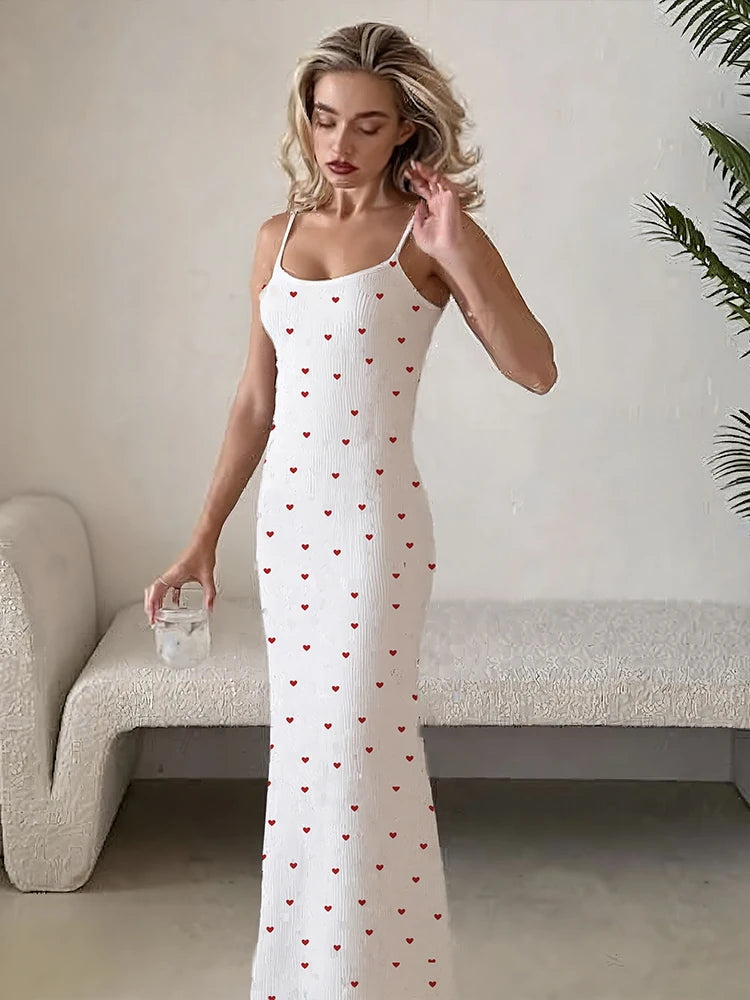 Elegant Heart Print Ribbed Maxi Dress Women Summer Y2K Trend Square Collar Backless Robe Daily Casual Fashion Outfits