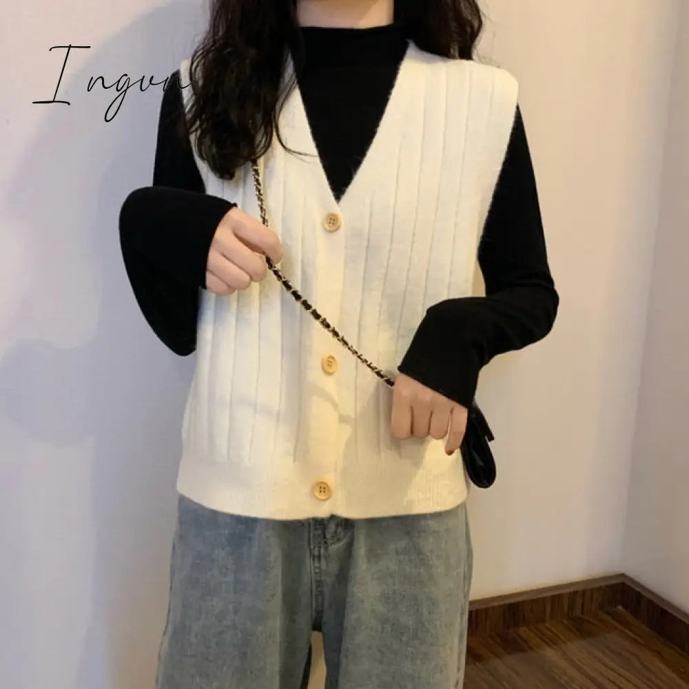 Ingvn - New Vintage V-neck Knitted Vest Sweater Women Sleeveless Pullover Elasticity Sweater Loose Female Casual Oversized Knitted Vest