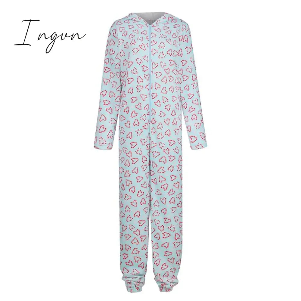 Ingvn - Women's Pajamas Jumpsuit Leopard Star Warm Comfort Plush Home Christmas Flannel Warm Breathable Hoodie Long Sleeve Pocket Fall Winter Leopard Print Moon blue