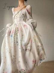 Ingvn - French Elegant Floral Midi Dress Chiffon Long Sleeve Evening Party Dress Woman Beach Fairy One Piece Dress Korean 2023 Summer