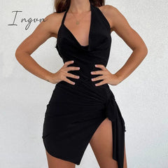 Ingvn - 2023 Summer New Women's Wear Halter Neck Hollow Strappy Slit Sexy Fashion Dress Sexy Backless Irregular Strappy Evening Dress