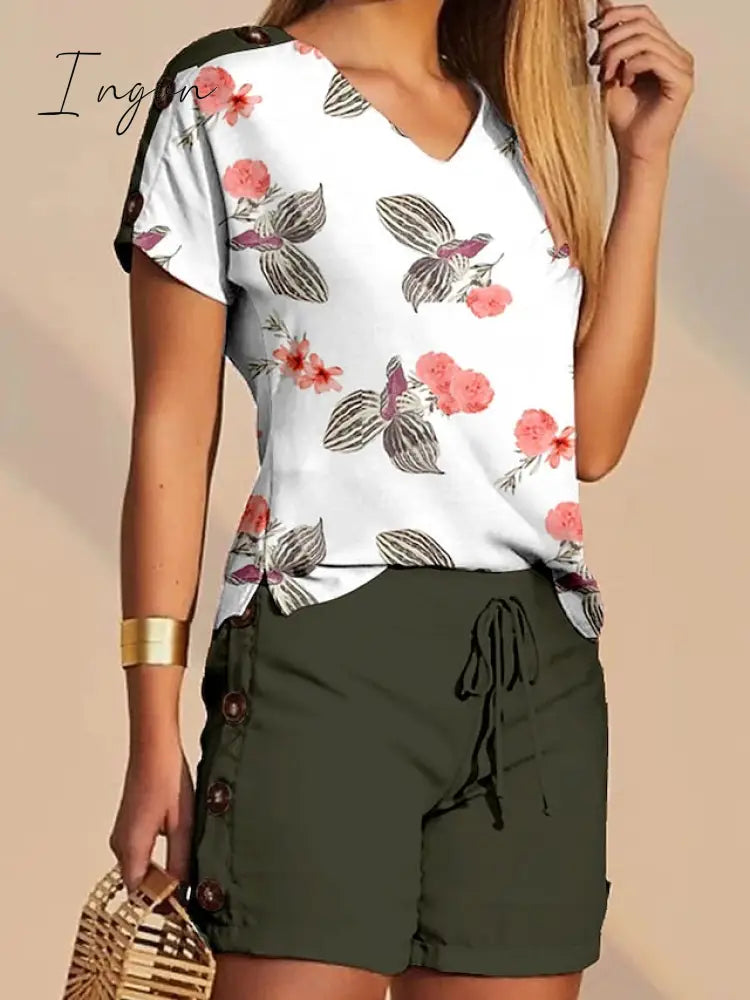 Ingvn - Women's T shirt Tee Shorts Sets Baggy Shorts Streetwear Black White Casual Daily Graphic Floral Drawstring Print V Neck S M L XL 2XL