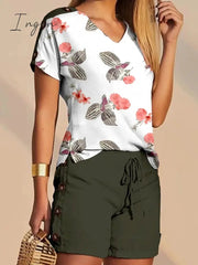 Ingvn - Women's T shirt Tee Shorts Sets Baggy Shorts Streetwear Black White Casual Daily Graphic Floral Drawstring Print V Neck S M L XL 2XL