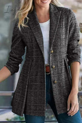 Ingvn - Fashion Street Plaid Patchwork Buckle Turn-back Collar Outerwear(3 Colors)