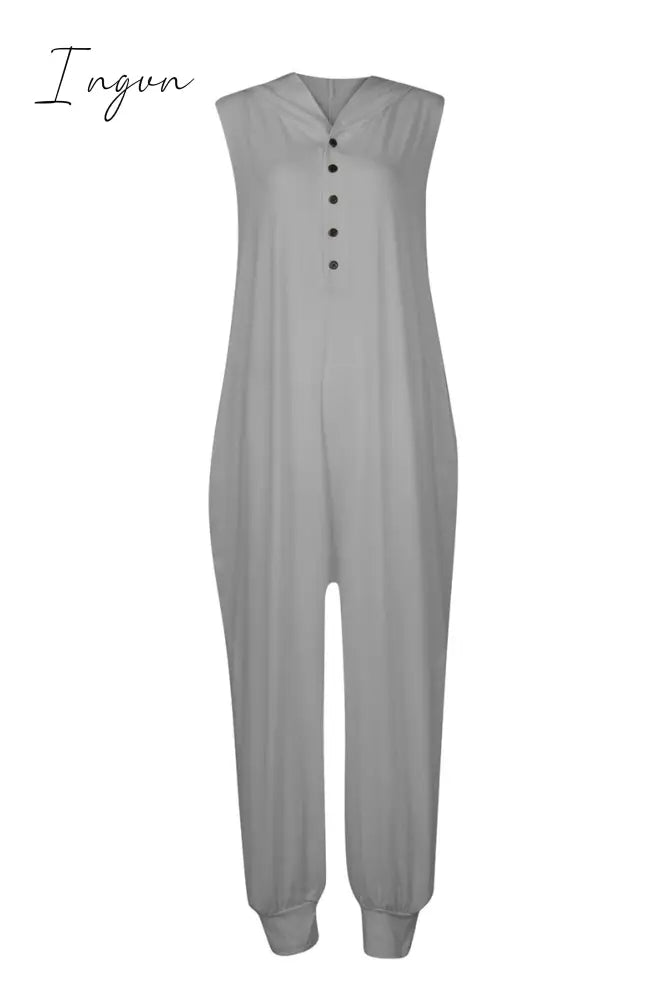 Ingvn - Casual Solid Buckle Hooded Collar Loose Jumpsuits(10 Colors)