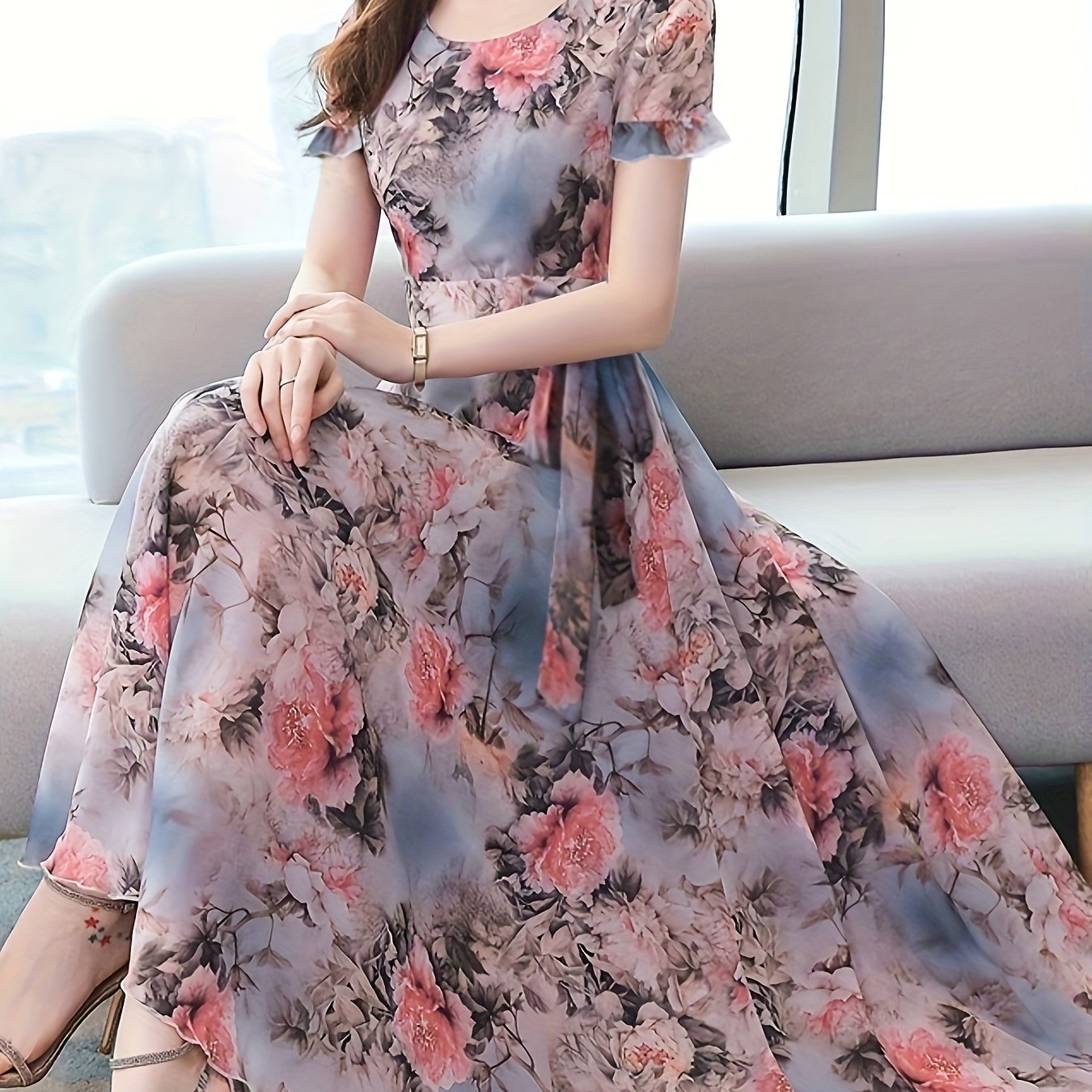 Vibrant Floral Print Crew Neck Dress - Elegant Short Sleeve, Comfortable, Breathable, Spring & Summer Essential - Women's Clothing for Chic, Elegant Dressing, Perfect for Outdoor Activities