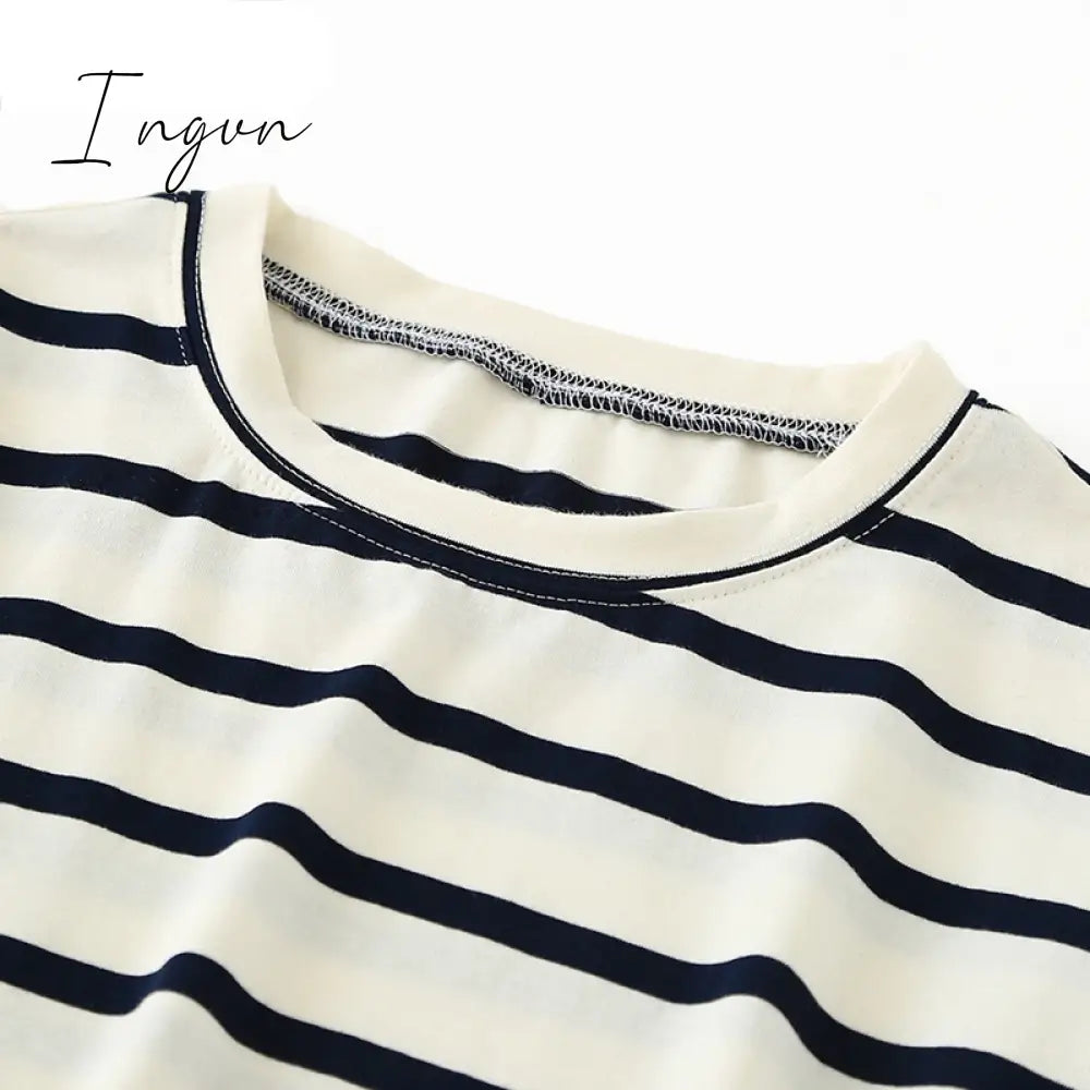 Ingvn - Women Striped Cotton T Shirt Short Sleeve O Neck Tees Ladies Casual Tee Shirt Street Wear Top 6L42