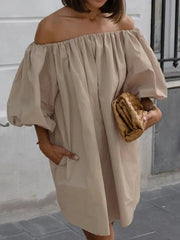 Ingvn  Sexy Slash Neck Off Shoulder Khaki Short Dress High Street Fashion Casual Woman Clothing Summer Puff Sleeve Solid Party Dresses