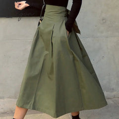 Ingvn - Spring Outfits Trends Skirts Womens Korean Fashion Solid Color Big Swing Ladies Skirt Long Skirt Autumn Wild High Waist Bow Slim Skirts