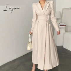 Ingvn - High Waisted Maxi Dresses for Women Long Sleeve Double Breasted Chic Korean Fashion Notched Vestido De Mujer Elegant Vintage Y2k
