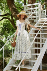 Ingvn - New Summer Print Plaid Short Sleeve Square Collar High Waist Lace-up Holiday Vocation Beach Long Women Dress
