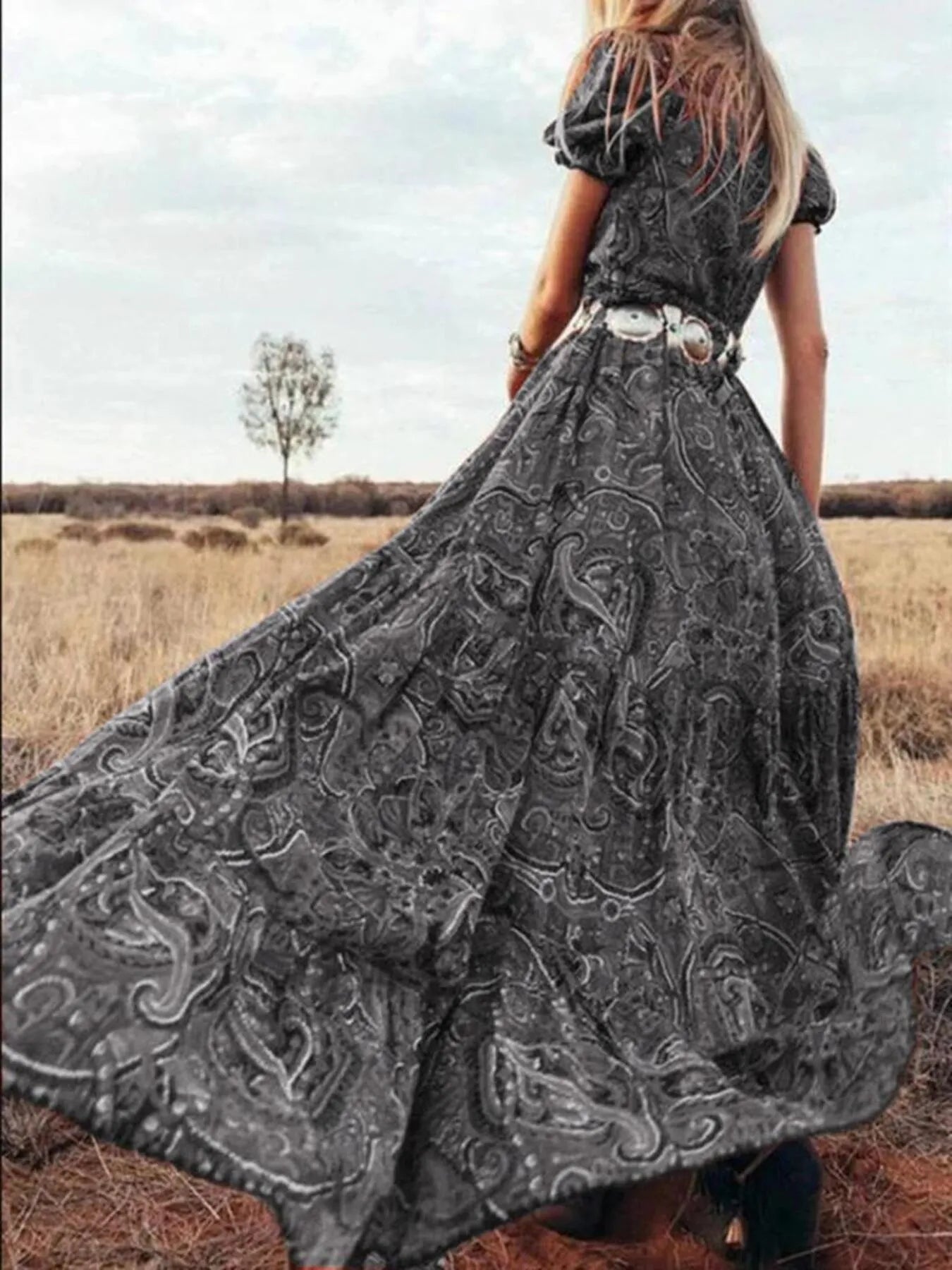 Full Size Printed Puff Sleeve Maxi Dress Plus Size