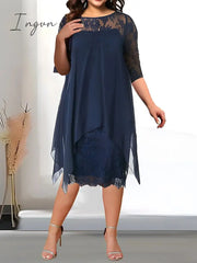 Ingvn - Women's Plus Size Party Dress Solid Color Crew Neck Lace 3/4 Length Sleeve Spring Summer Casual Prom Dress Midi Dress Party Work Dress / Lace Dress / Homecoming Dress