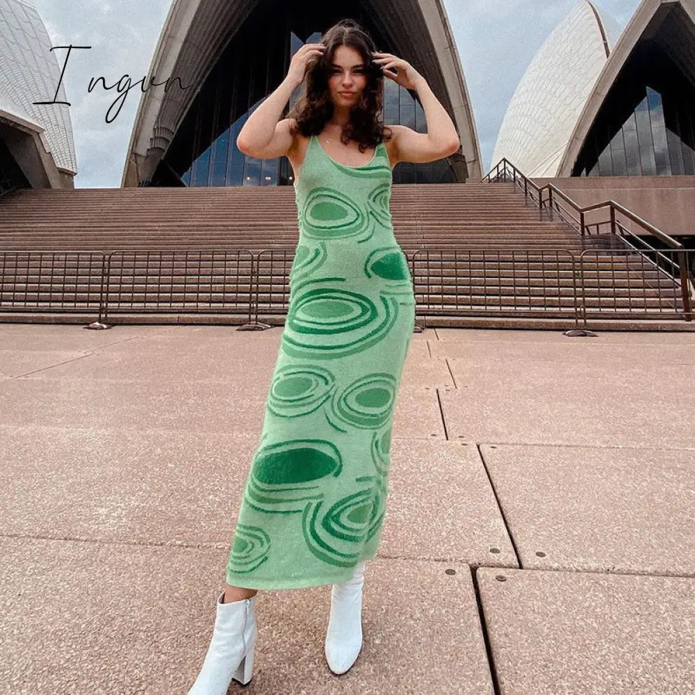 Ingvn - Paisley Print Knit Dress Women Green Y2K Summer Sexy Bodycon  Sleeveless Spaghetti Strap Beach Party Midi Dresses