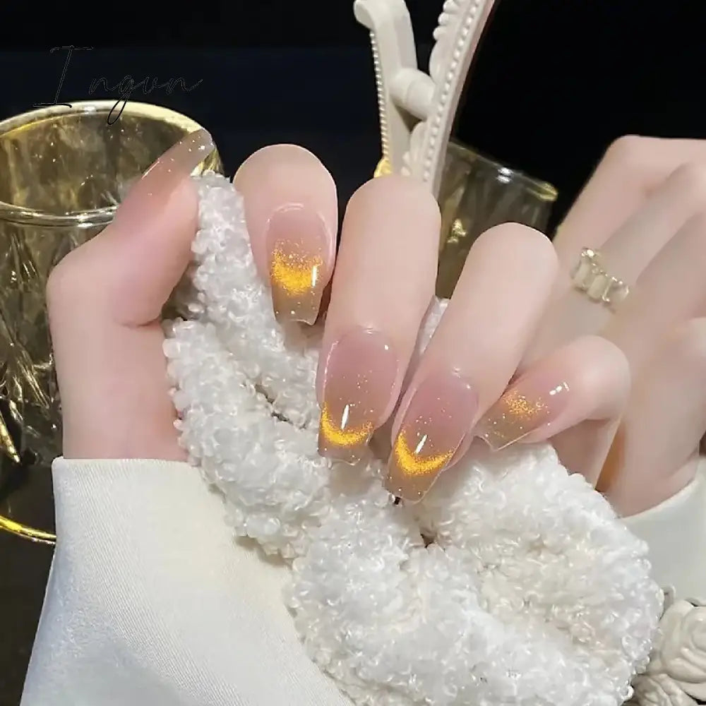 24pcs Cat Eye False Nails Short Detachable Finished French Ballet Fake Nails press on Square Head Full Cover Nail Art Stickers