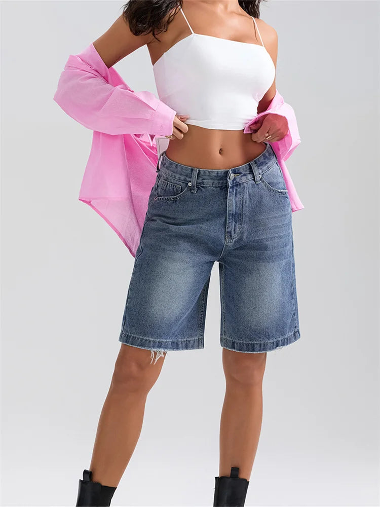Women's Knee Length Denim Shorts Mid Rise Baggy Jean Short Pants with Pockets for Summer
