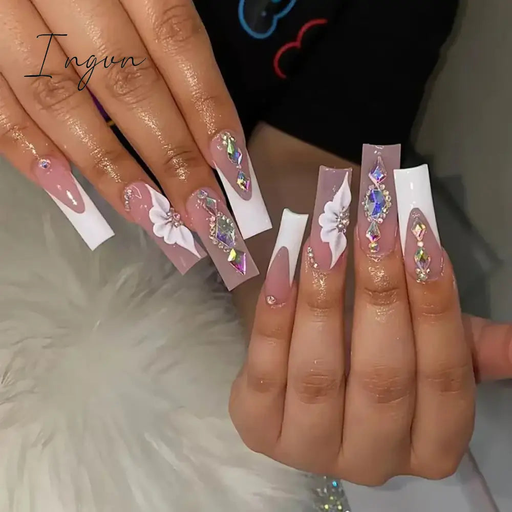24pcs Artifical Bails With Glue Fake Nail Tips With Design Detachable Press On Nails Long Fake Nail Finished Nail Piece Sticker