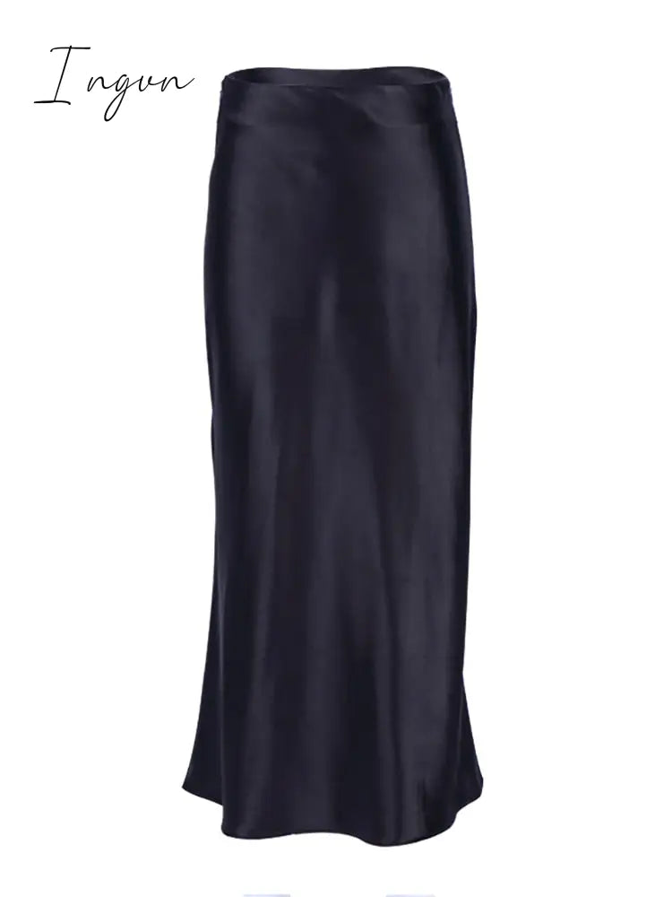 Ingvn - Solid Purple Satin Silk Skirt Women High Waisted Summer Long Skirt New Elegant Ladies Office Skirts Midi Spring