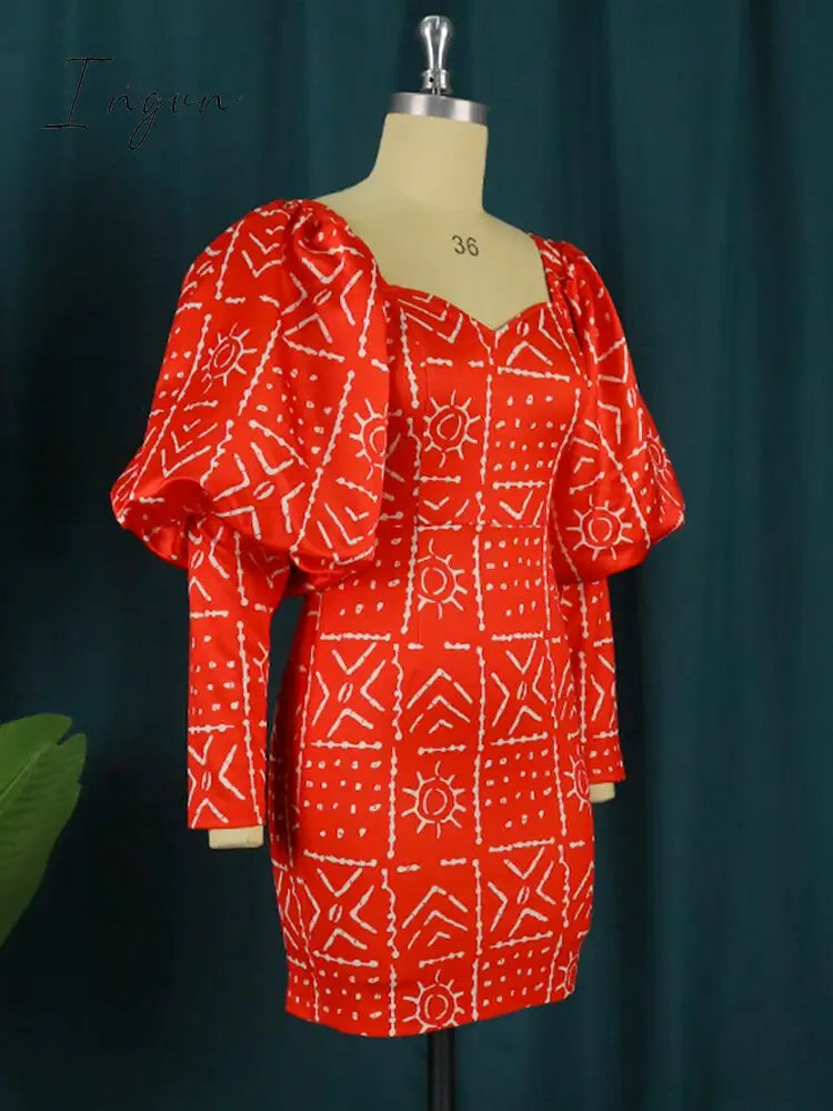 Ingvn - Fashion Trends Women Dress Sexy Party Printed Long Lantern Sleeves Vintage Retro Large Size Mini African Female Event Celebrate Gown Robes