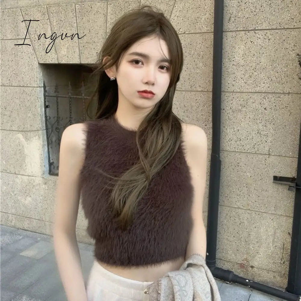 Ingvn - Sexy Plush Crop Tops Women Vintage Y2k Clothes Knitted Tank Top Sleeveless Club Party Outfits Korean Fashion New
