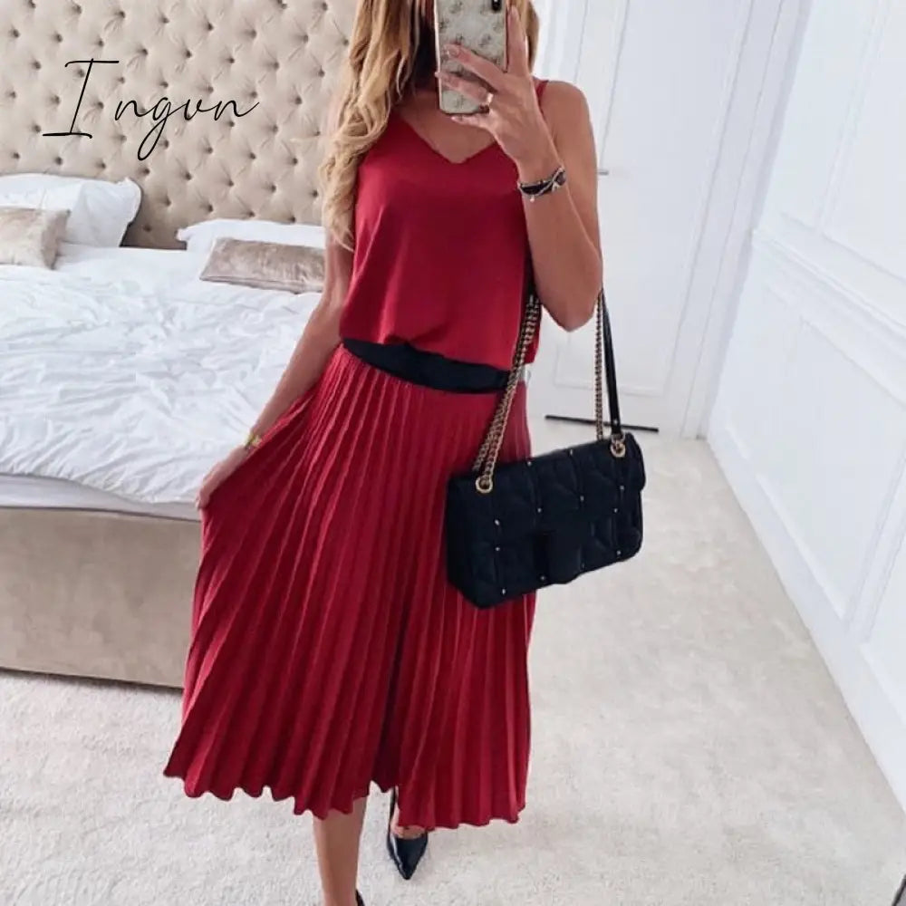 Ingvn - Sexy Women Summer Sexy Dress Spaghetti Strap Dress V-Neck Pink Female Pleated Midi Dress Casual Office Ladies Party Dresses