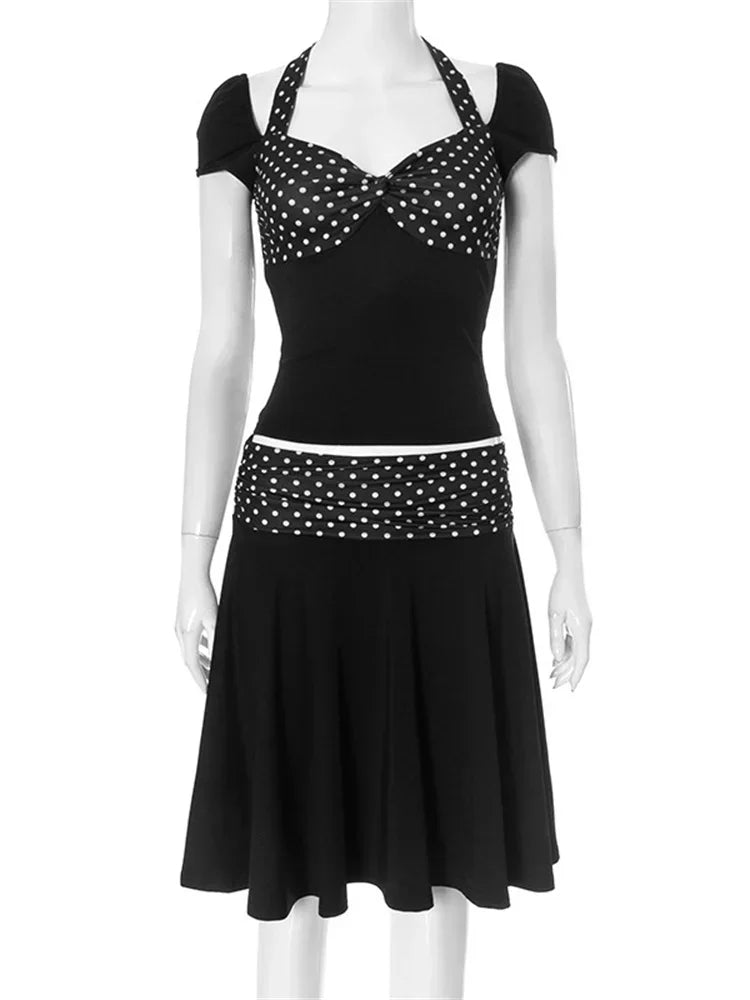Patchwork Fashion 2 Piece-Set MIni Skirt For Women Lace-Up Contrast Backless Cropped Top And High Waist Skirt Sets Female