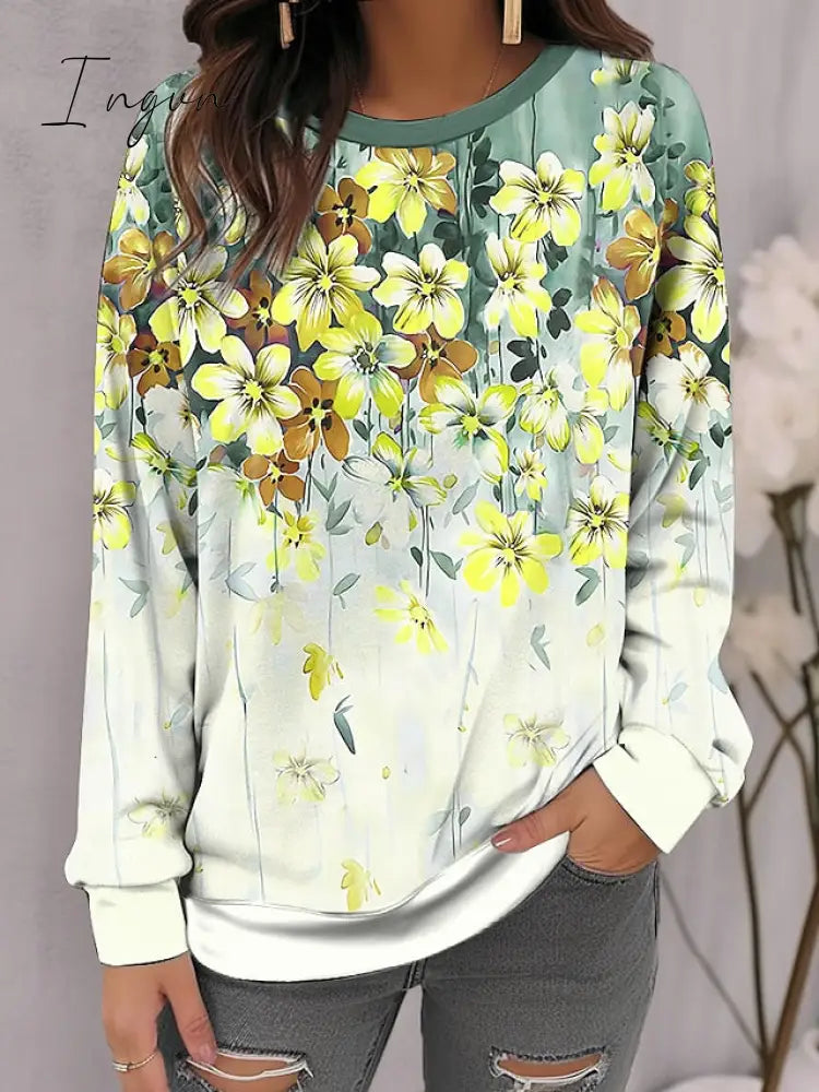 Ingvn - Women's Sweatshirt Pullover Basic Yellow Red Blue Floral Casual Round Neck Long Sleeve Top Micro-elastic Fall & Winter
