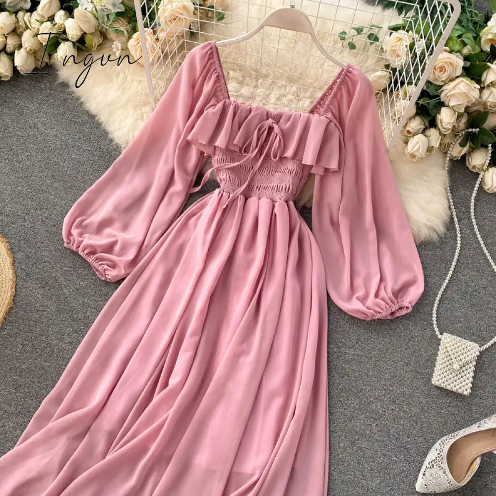 Ingvn - Woherb Chic Elegant Square Collar Maxi Dress Women Solid Chiffon Puff Sleeve Dresses Korean Fashion Vintage Ruffle Vestidos