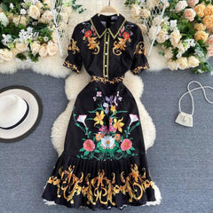 Ingvn - Neploe Retro Palace Style Print Ruffles Dress Women Elegant Shirt Collar Femme Vestidos Chic Button High Waist Dresses 1D860