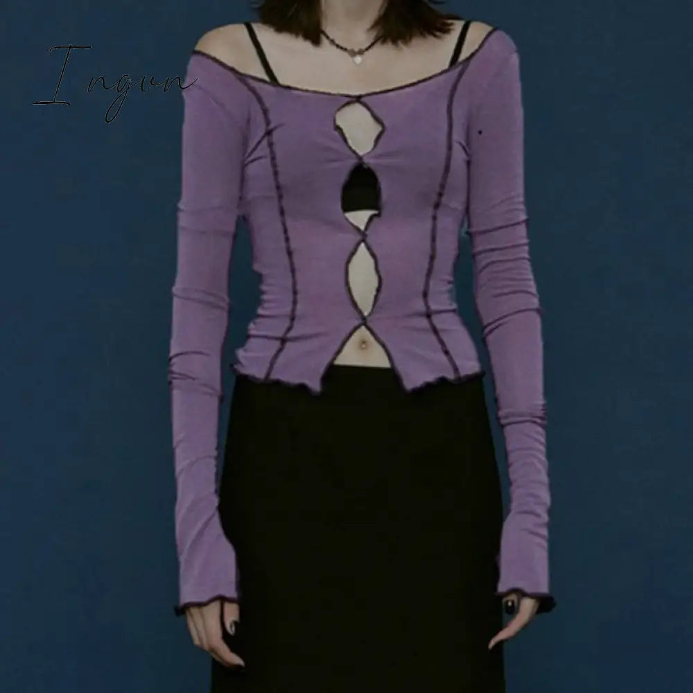 Ingvn - Spring Outfits Sexy solid hollow out top long sleeve O-neck t-shirt woman casual Autumn Spring top