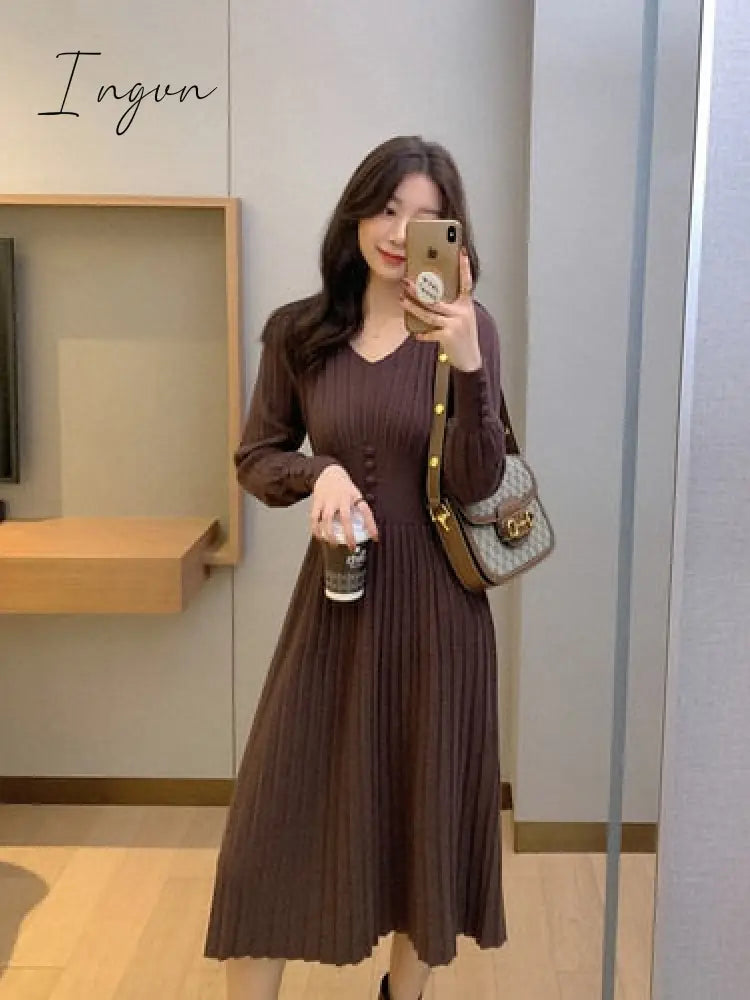 Ingvn - Knitted Dress Women Casual Long Sleeve Vintage Elegant Office Sweater Dress Female Spring One-piece Dress Korean Outerwear