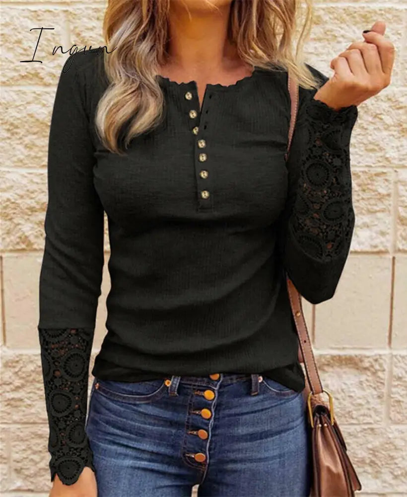 Ingvn - Lace Splicing Top Long Sleeve T Shirt Woman Button Slim Tops Tee Autumn Spring Patchwork Sleeve T-shirt Women Sexy Streetwear
