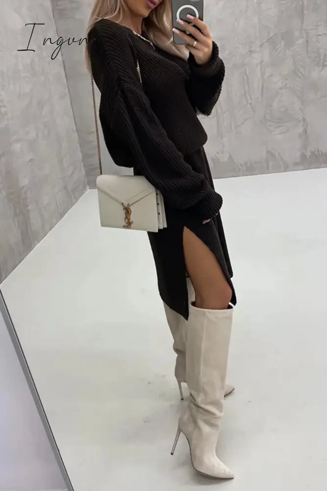 Ingvn - Elegant Simplicity Solid Slit O Neck Long Sleeve Dresses