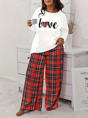 Plus Size Cozy Loungewear Set - Stylish Womens Plaid Heart & Letter Print Long Sleeve Crew Neck Tee and Wide Leg Pants Pajamas Two Piece Set for Casual Relaxation at Home