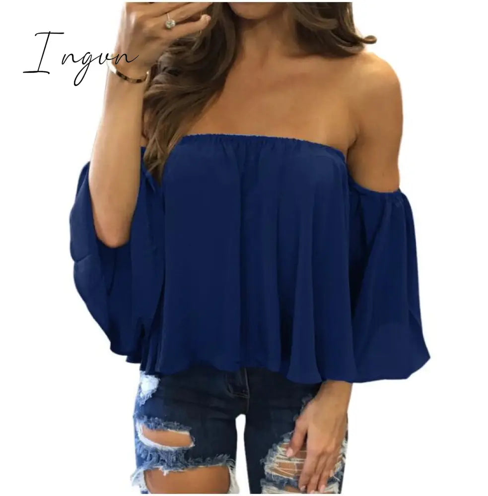 Ingvn - Summer T-shirt Women Fashion Sexy Chiffon Off Shoulder Shirts Strapless Short Sleeve Beach Tops Tee Feminine 5XL