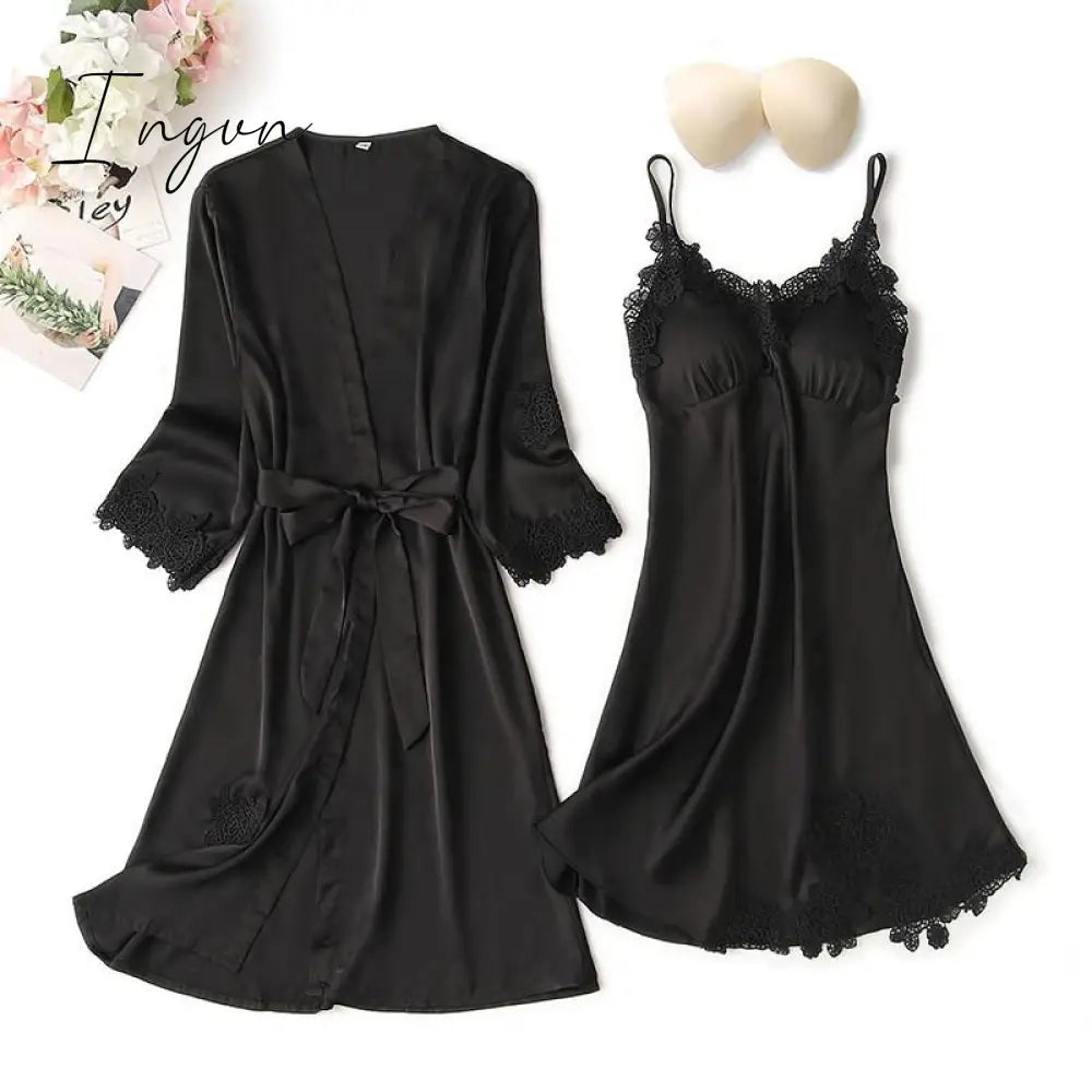 Ingvn - Lace Trim Sexy Wedding Lady Robe Suit Loose Satin Bride Bridesmaid Kimono Bathrobe Gown Mini Sleepwear Rayon Intimate Lingerie