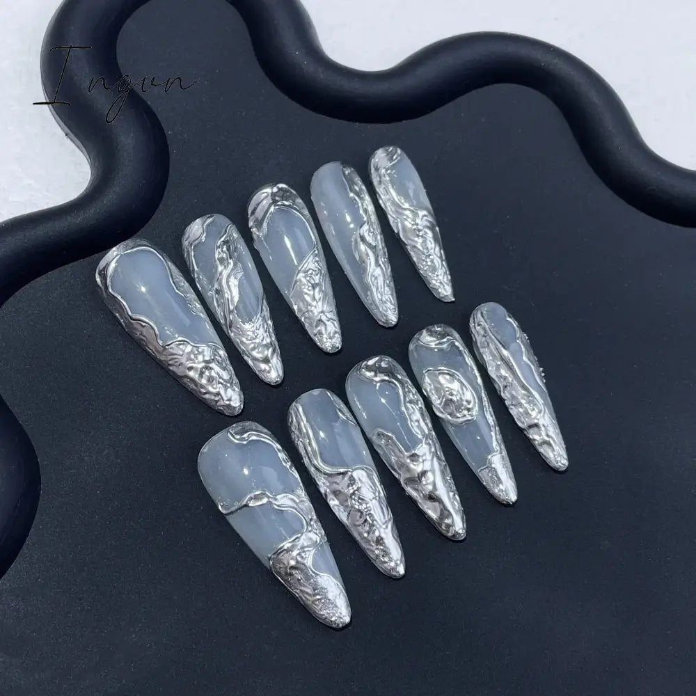 10Pcs Handmade Nails Set Press on Long Almond False Nail with Rhinestone Pink Camellia Design Reusable Full Cover Fake Nail Tips